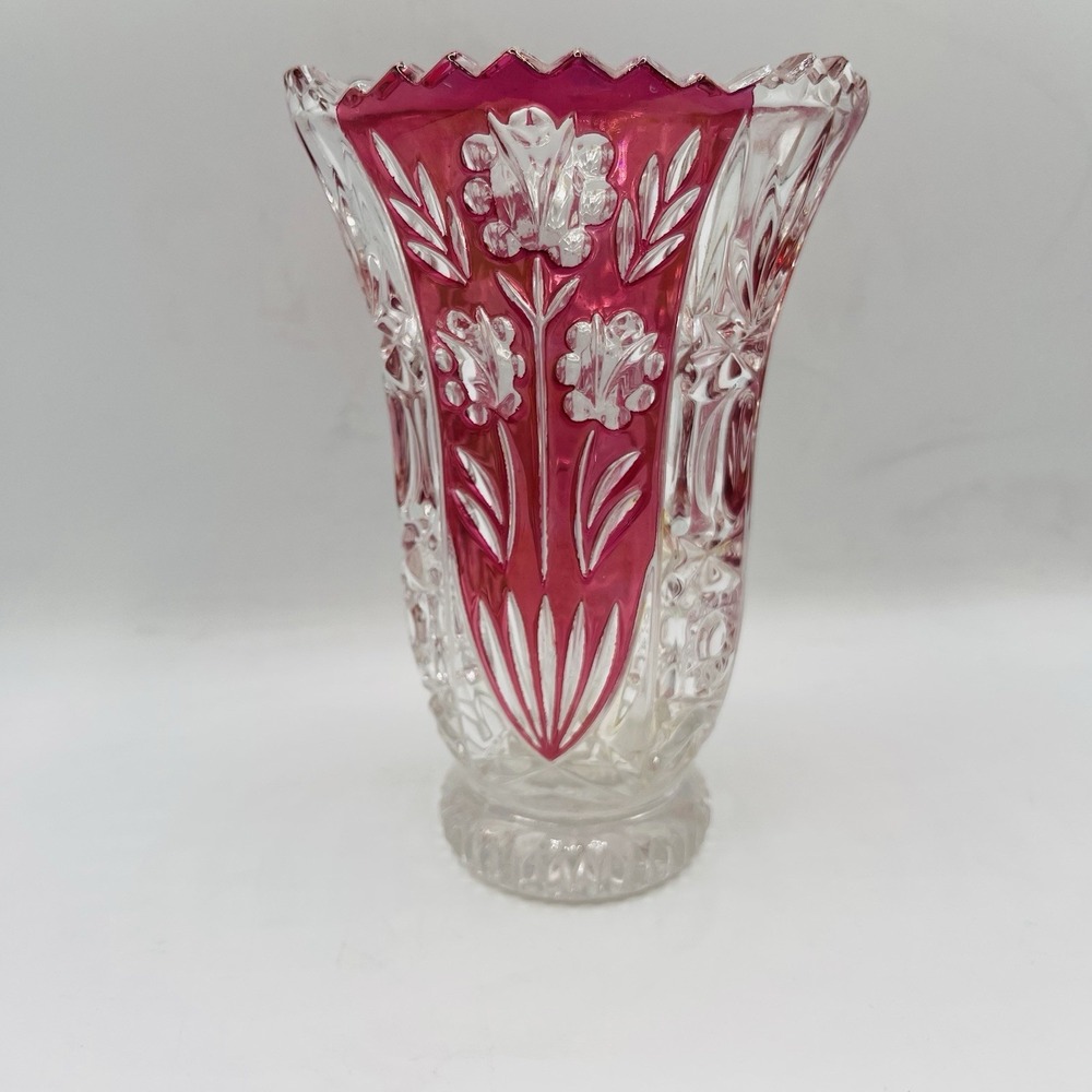 Vintage Original Anna Hutte Bleikristall Ruby Red Clear Crystal Vase Germany